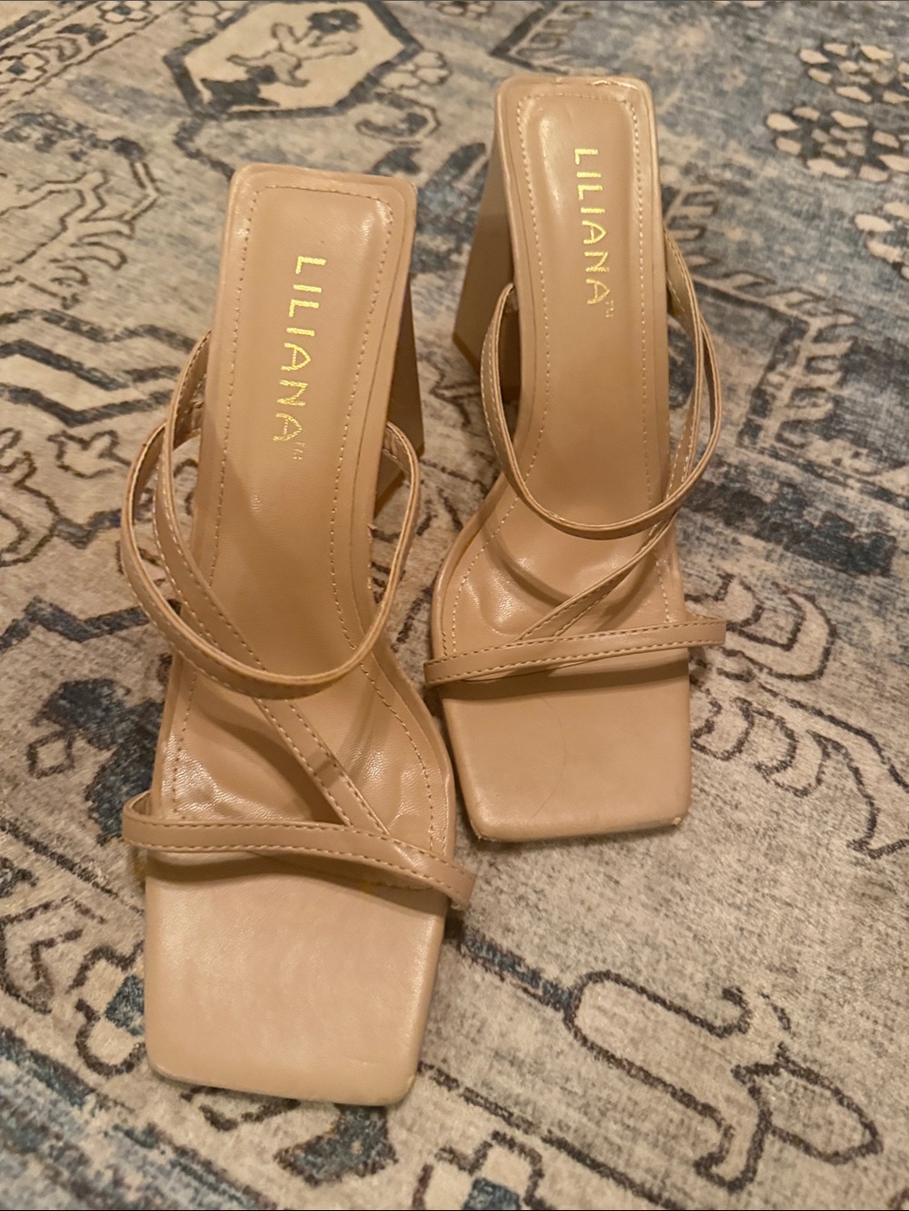 Liliana Beige Nude Strappy Square-Toe Heels